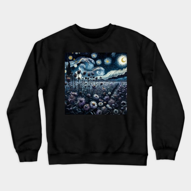 Enchanted Flower Garden Night: Aster Starry Floral Crewneck Sweatshirt by Edd Paint Something